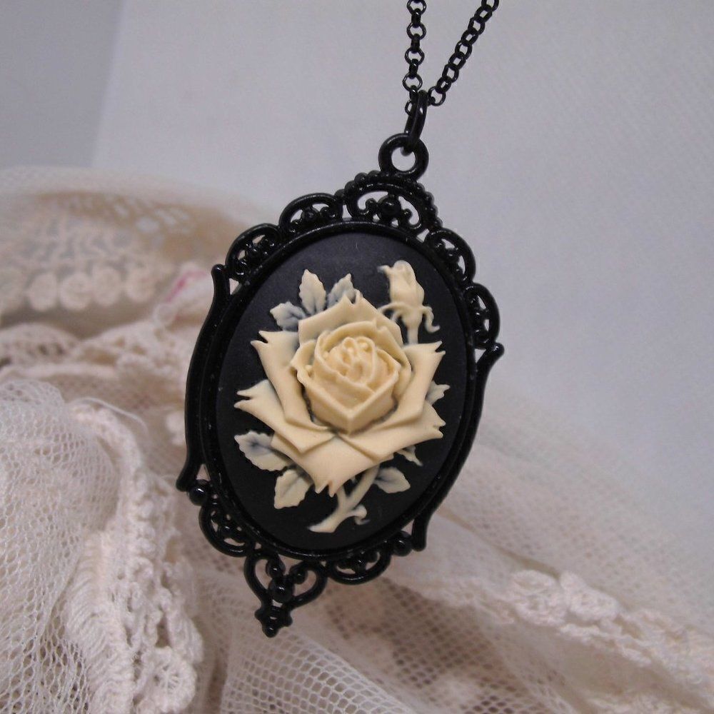 Mothers Day Gift Mom Wife Black Cream Rose Necklace Cameo Goth Steampunk Sister 27$